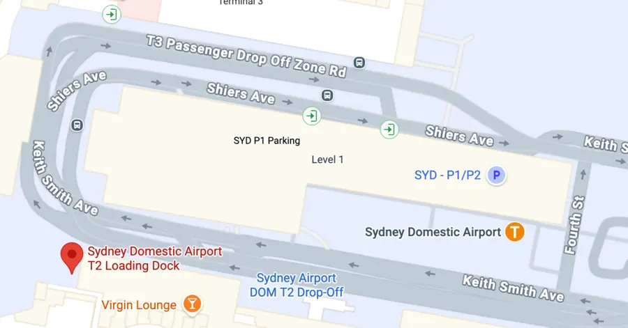 Map of Sydney Domestic Airport parking and roadways showing the coach bays at the end of T2